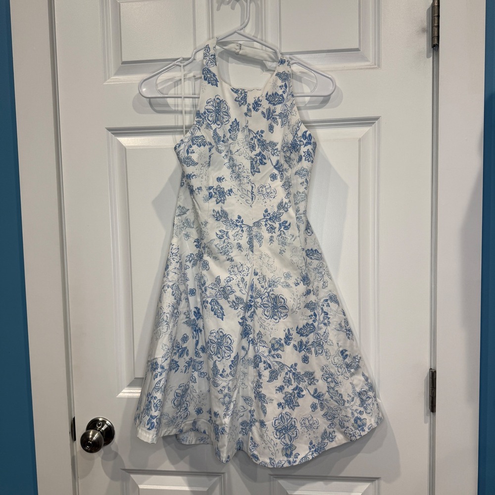 Altar'd State Floral Halter Mini Dress Blue White Toile Fit Flare Size Large - Picture 2 of 10